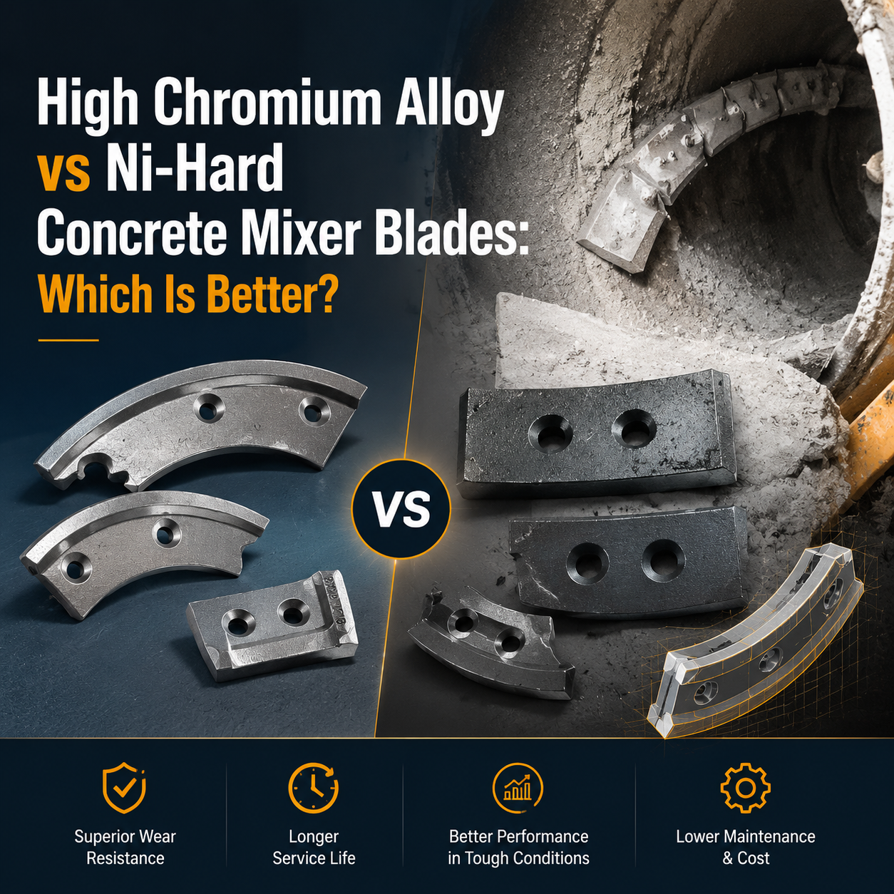 High Chromium Alloy vs Ni-Hard Concrete Mixer Blades: Quod est melius?